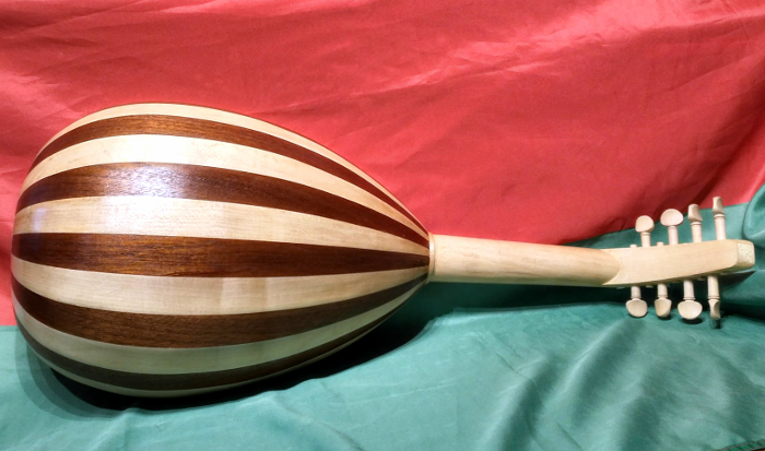 Back view of alternative model with ribs of Dark Meranti and European Sycamore and neck of European Beech.