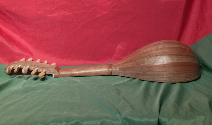 Back view from side of 5 course version. Body of European Walnut and European Cherry.