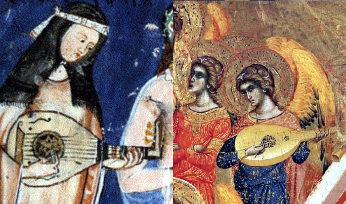 Left: part of the 'Book of chess, dice and tables' commissioned by Alfonso X 'El Sabio' (Spain, 1283). Right: part of 'The Coronation of the Virgin' by Paolo and Giovanni Veneziano (Italy, 1358).