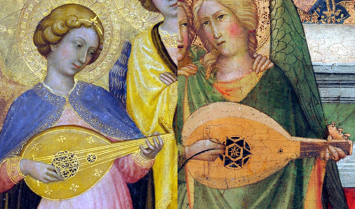 Left: Part of 'Madonna and Child with Angels' by Pietro di Domenico da Montepulciano (Italy, 1420). Right: Part of 'The Coronation of the Virgin with Six Angels' by Agnolo Gaddi (Italy, 1370).