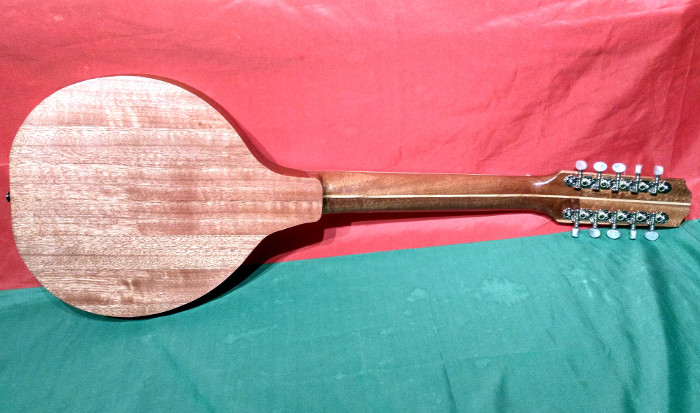 Back view of 5 course version with Meranti back and sides and Sapele neck with Ash stripe in the centre..