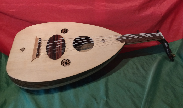 Front view of Shahed model oud with Spruce soundboard and fingerboard of Ovangkol.