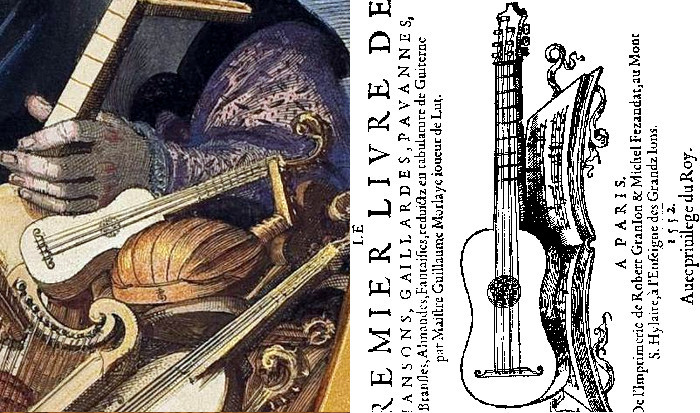 Left: Part of a portrait of Gaspar Duiffoprugcar by Pierre Woeiriot (France, 1562). Right: The title page from book of renaissance guitar tablature (France, 1552), showing a variant with a flat peghead, which is also available.