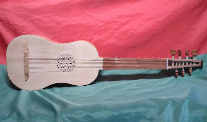 Front view of renaissance guitar with pegbox instead of peghead. Fingerboard of Swiss Pear.