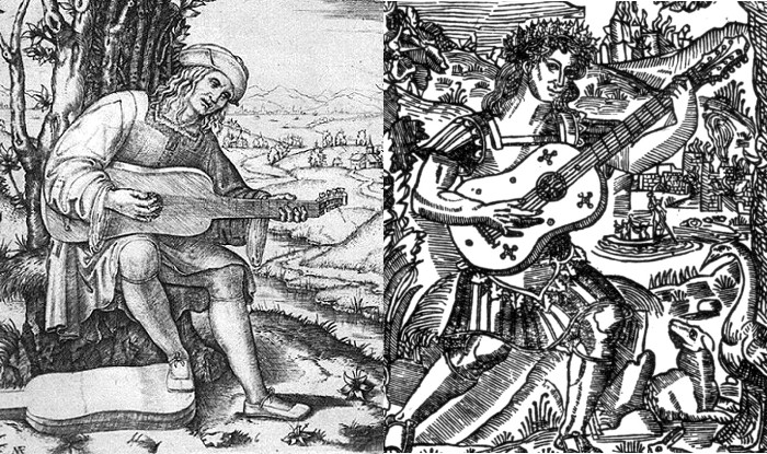Left: Engraving by Marcantonio Raimondi (Italy, 1510) showing example with pegbox. Right: A page from the book 'Libro de musica de vihuela de mano intitulado el maestro' by Luis Milan (Spain, 1536) showing example with flat peghead.