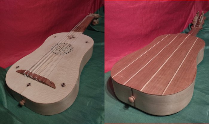 Front and back views from end of body of vihuela with back and sides of European Sycamore and European Cherry.