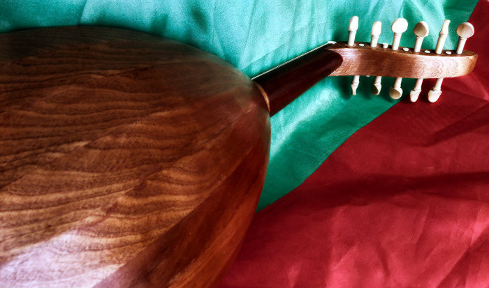 Side view from back of Zenne oud with body of Sapele.